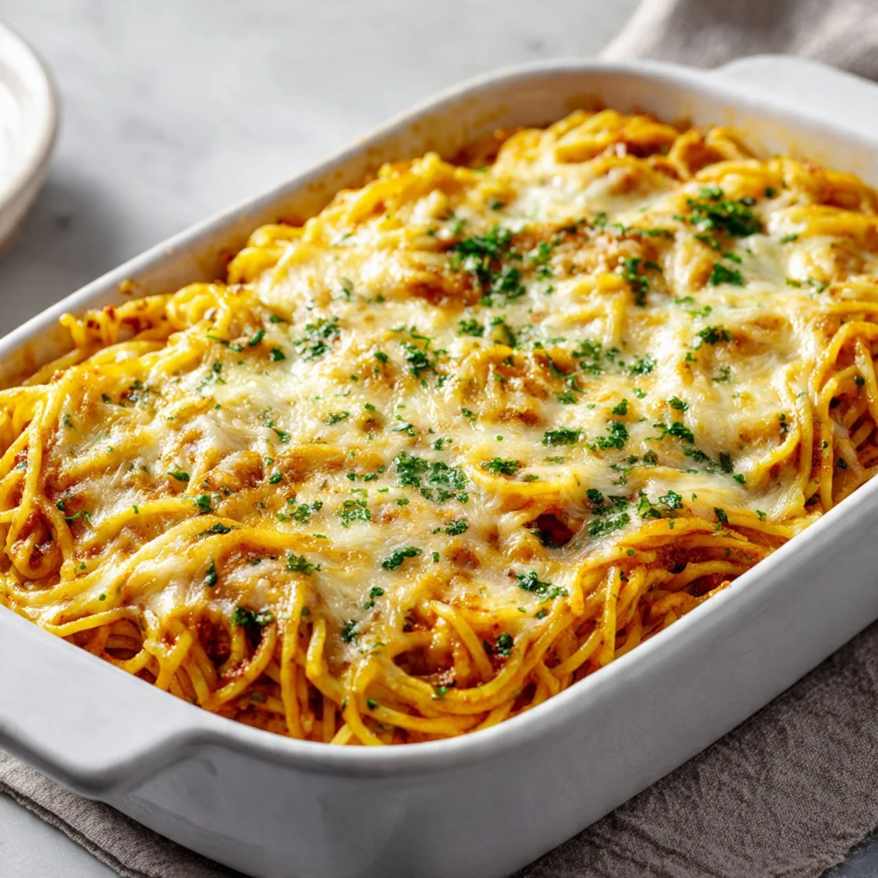 A delicious plate of cheesy baked spaghetti topped with melted cheese.