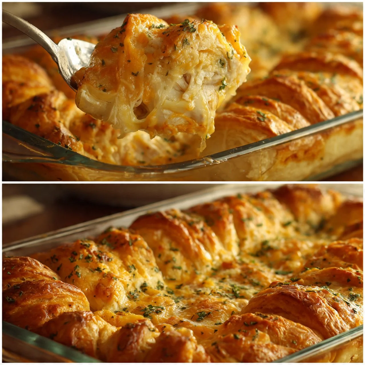 Baked Cheesy Chicken Crescent Bake topped with herbs and cheese on a plate.