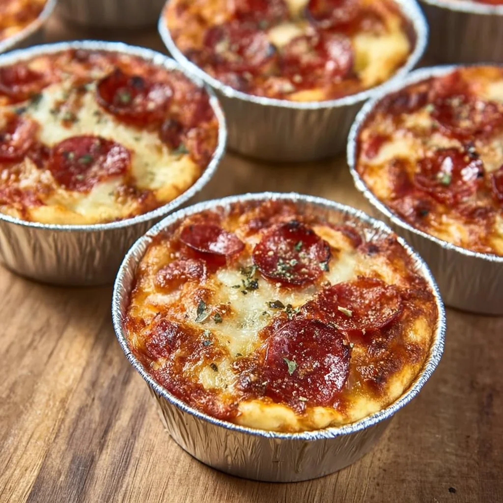 Cheesy pizza biscuit cups on a platter, ready to serve.