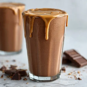 Delicious Chocolate Peanut Butter Protein Smoothie in a glass with a straw.
