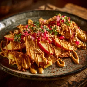 Cinnamon Apple Nachos topped with a peanut butter drizzle on a plate