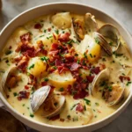 Delicious homemade clam chowder served in a bowl with fresh herbs.