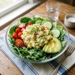 A bowl of classic egg salad with diced eggs, mayonnaise, and herbs.