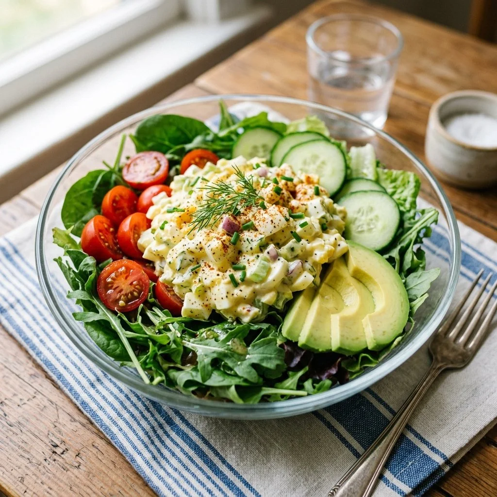 A bowl of classic egg salad with diced eggs, mayonnaise, and herbs.