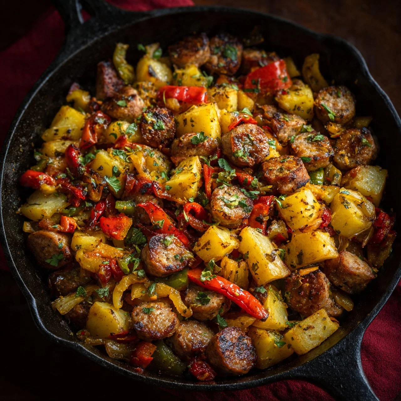 Plate of classic oven-roasted sausage and potatoes, garnished with herbs.