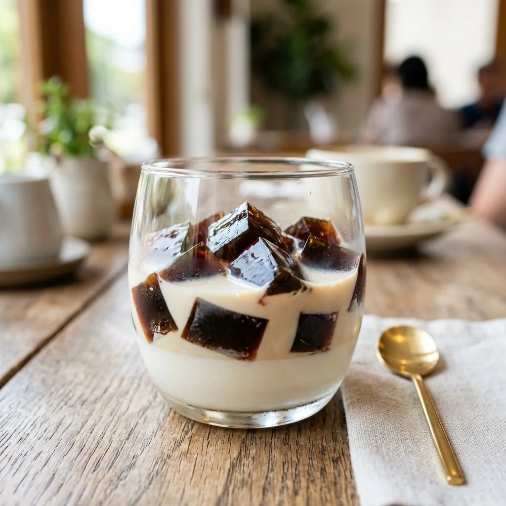 A delicious serving of Coffee Gelatin dessert topped with cream and coffee beans.
