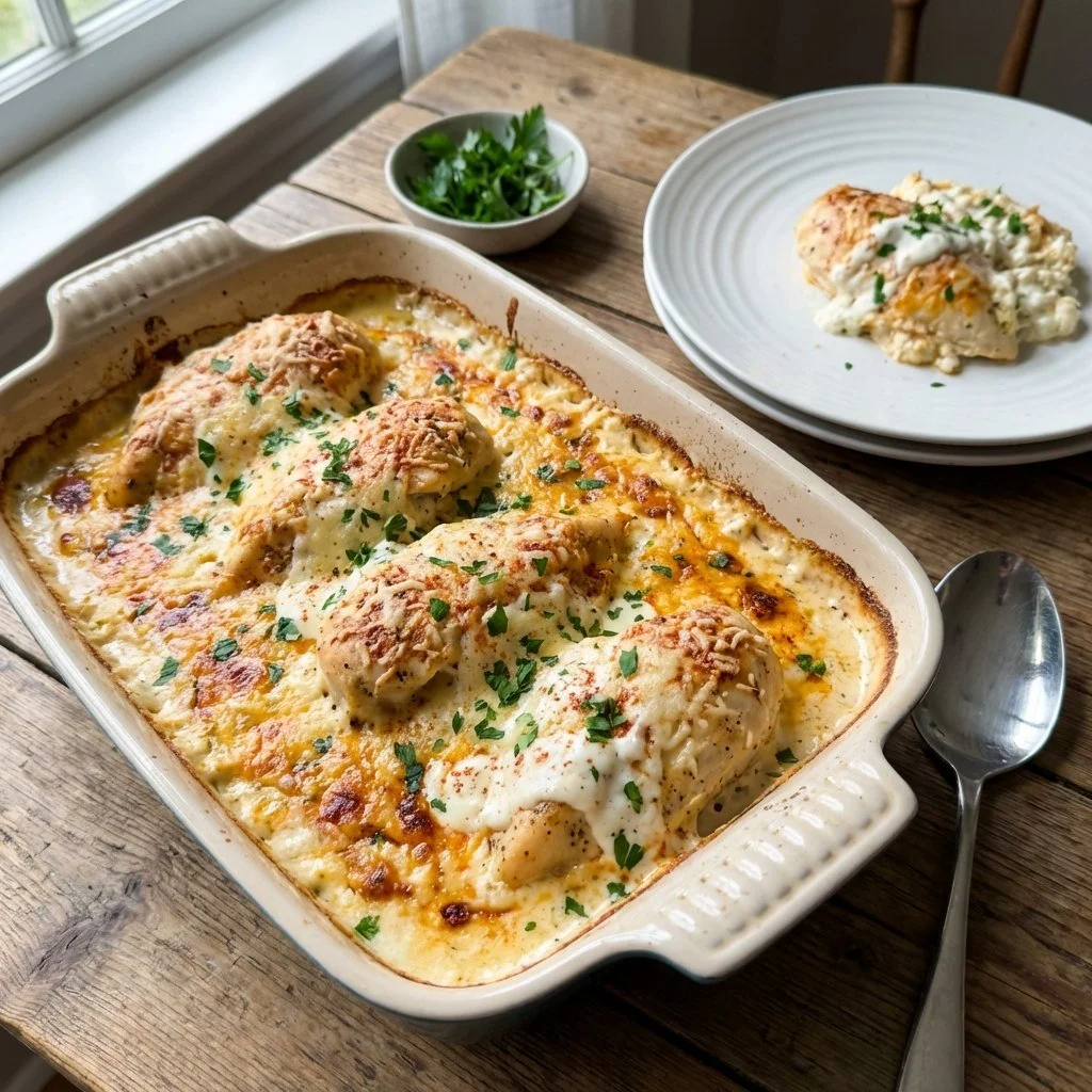 Cottage Cheese Chicken Bake served in a dish, garnished with herbs