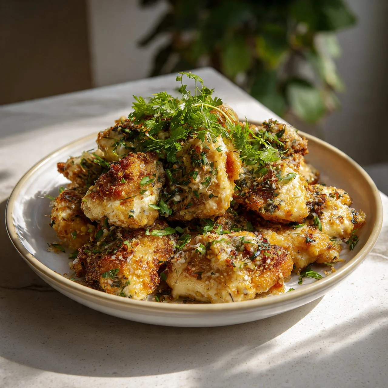 Cottage Cheese Parmesan Firecracker Chicken cooked in a cozy skillet