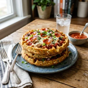 Cottage Cheese Pizza Waffles topped with cheese and herbs on a plate.
