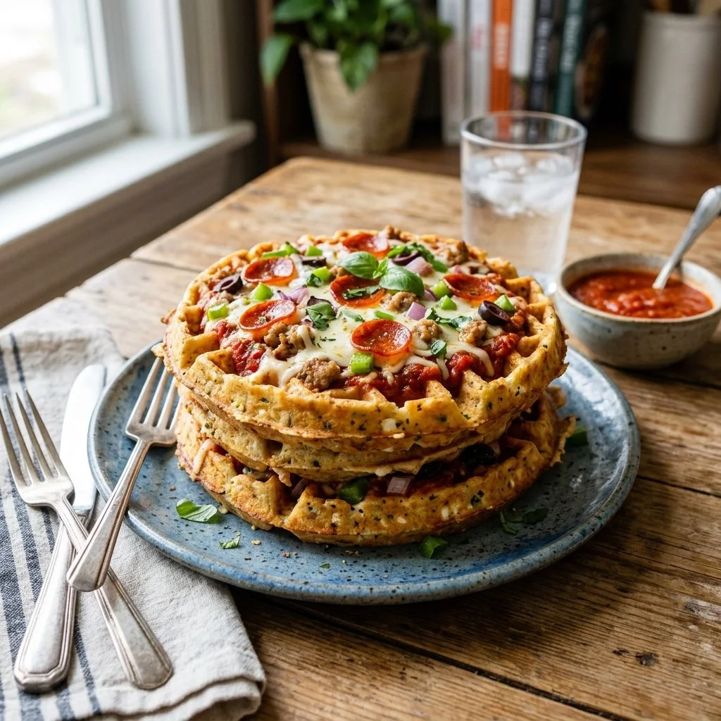 Cottage Cheese Pizza Waffles topped with cheese and herbs on a plate.