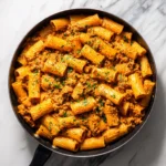 Creamy Cottage Cheese Rigatoni served in a bowl garnished with herbs.