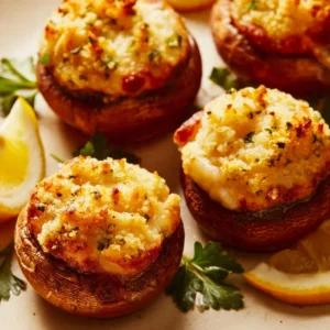 Crab Stuffed Portobello Mushrooms topped with herbs and spices