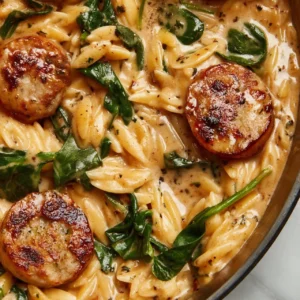 Creamy chicken sausage orzo skillet in a frying pan