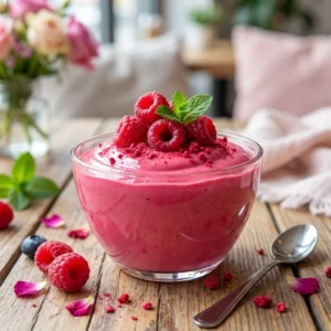 Creamy cottage cheese raspberry mousse in a bowl, a healthy dessert option