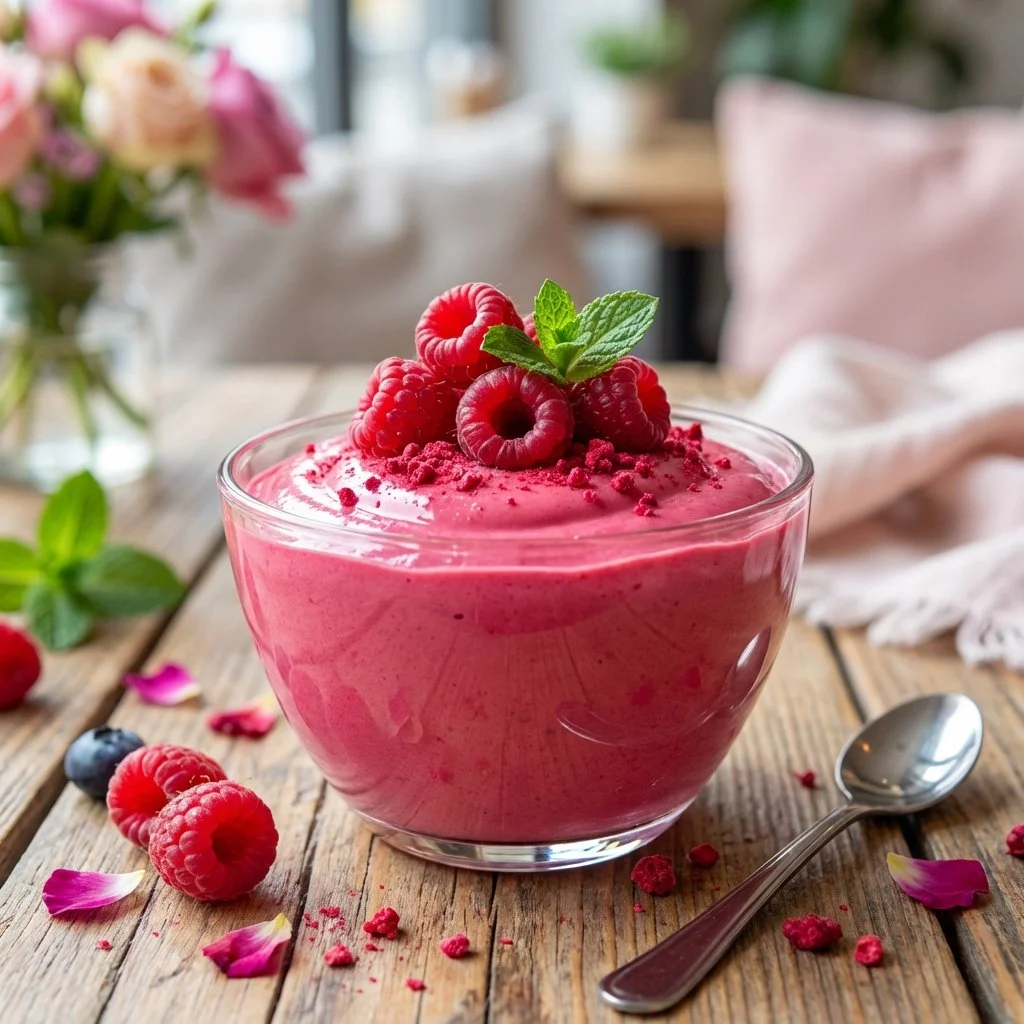 Creamy cottage cheese raspberry mousse in a bowl, a healthy dessert option