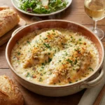 Creamy Dijon Chicken Bake Casserole topped with herbs and served in a dish.