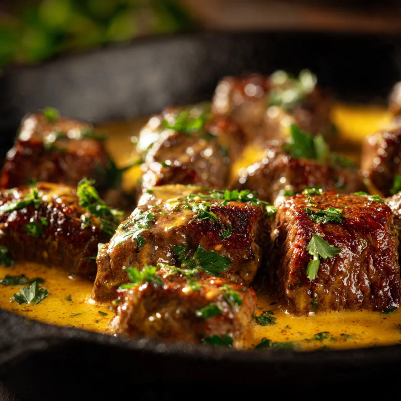 Creamy garlic butter steak bites served on a plate