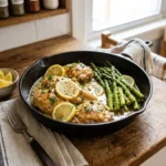 Creamy lemon chicken dish with asparagus on a plate