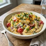 Delicious creamy pasta salad with fresh vegetables and herbs