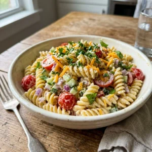 Delicious creamy pasta salad with fresh vegetables and herbs