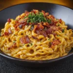Bowl of creamy ramen carbonara topped with grated cheese and herbs