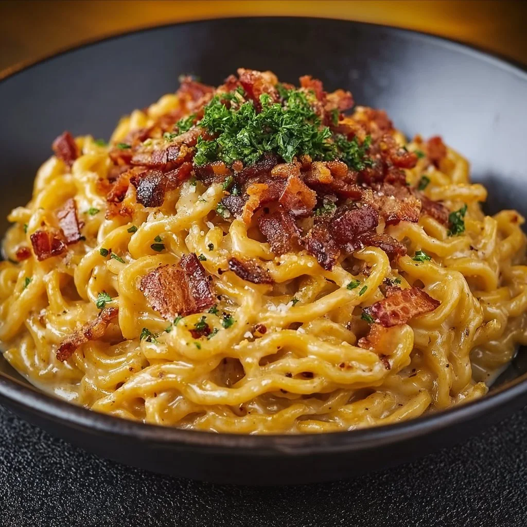 Bowl of creamy ramen carbonara topped with grated cheese and herbs
