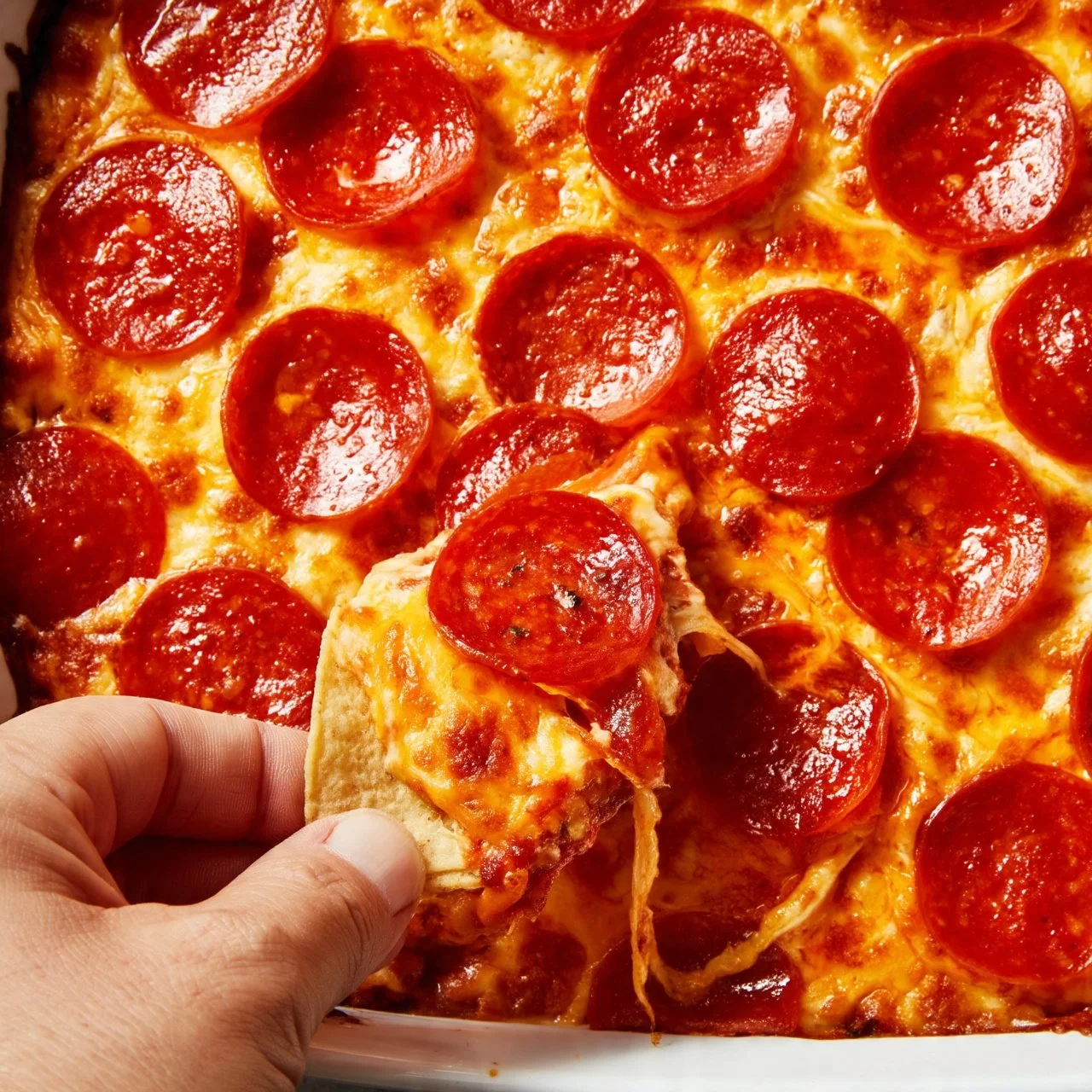 Creamy cottage cheese pizza dip served in a bowl with fresh herbs.