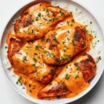 Creamy smothered chicken served over rice in a beautiful dish