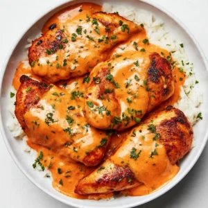 Creamy smothered chicken served over rice in a beautiful dish