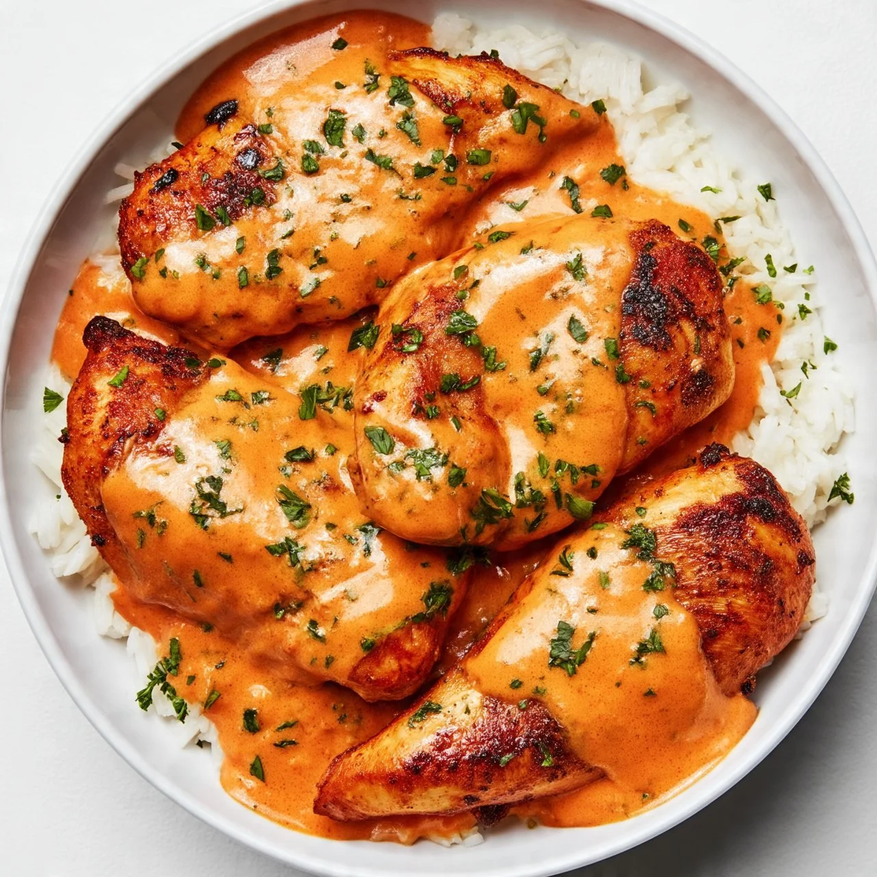 Creamy smothered chicken served over rice in a beautiful dish