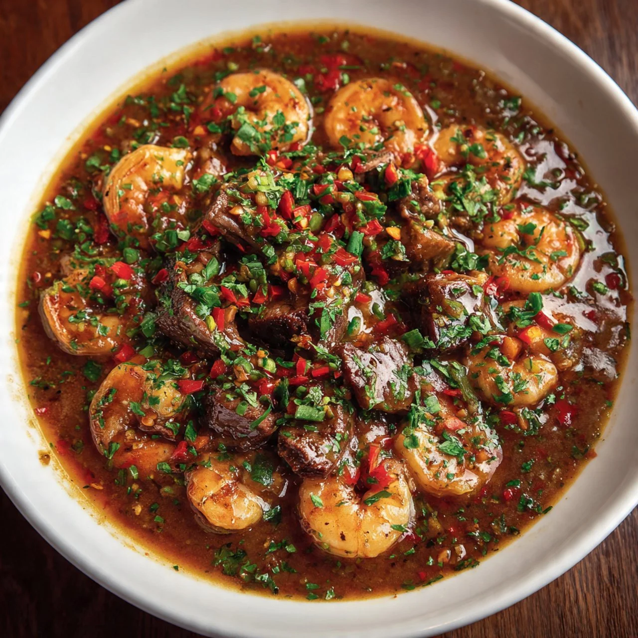 Creamy spicy keto shrimp skillet with sausage served in a bowl