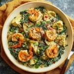 Creamy spinach artichoke shrimp skillet served in a cast iron pan