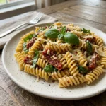 Creamy Tuscan pasta salad with fresh vegetables and herbs