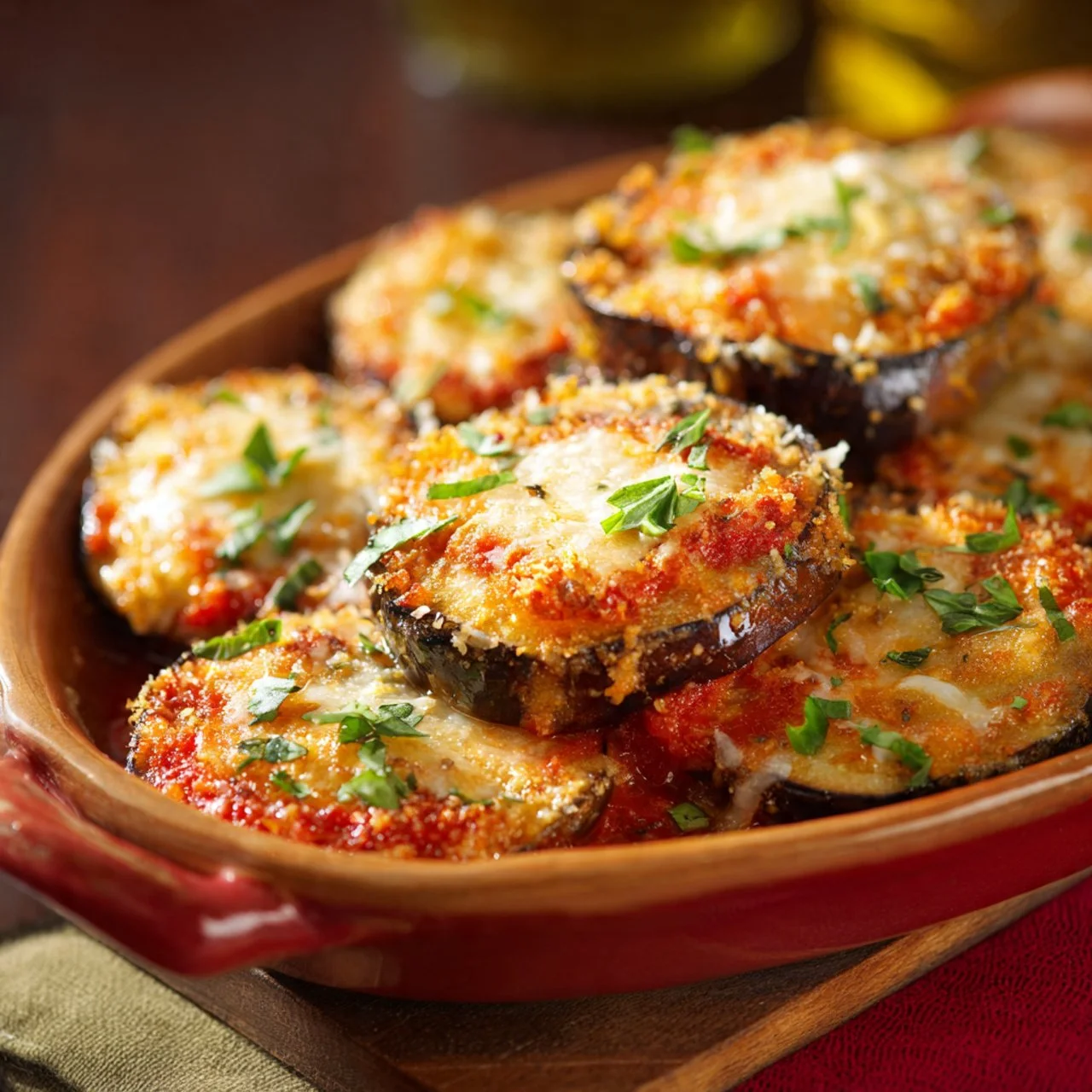 Crispy Baked Eggplant Parmesan with melted cheese and marinara sauce