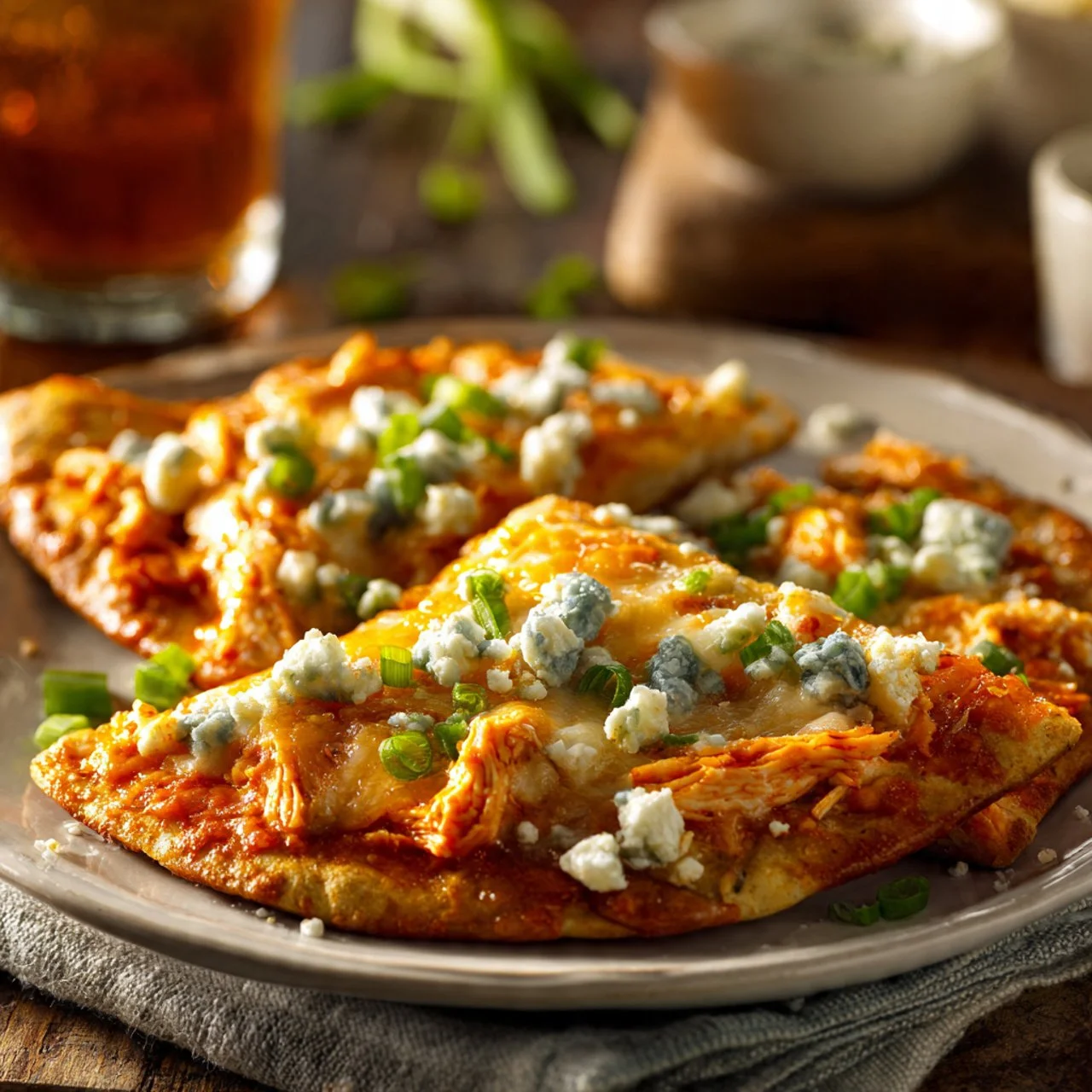 Crispy Buffalo Chicken Cottage Cheese Flatbread topped with fresh ingredients