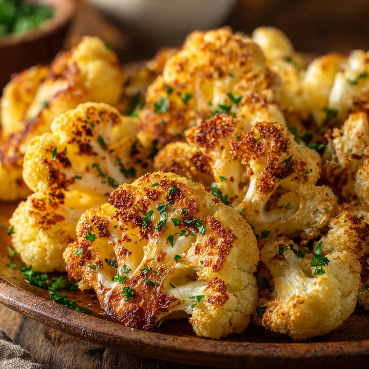 Bowl of crispy roasted cauliflower florets, seasoned and golden brown.