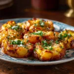 Crispy smashed potatoes with garlic butter and Parmesan on a plate