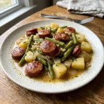 Crockpot Kielbasa with green beans and potatoes in a slow cooker dish