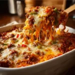 Delicious pizza casserole loaded with toppings and melted cheese