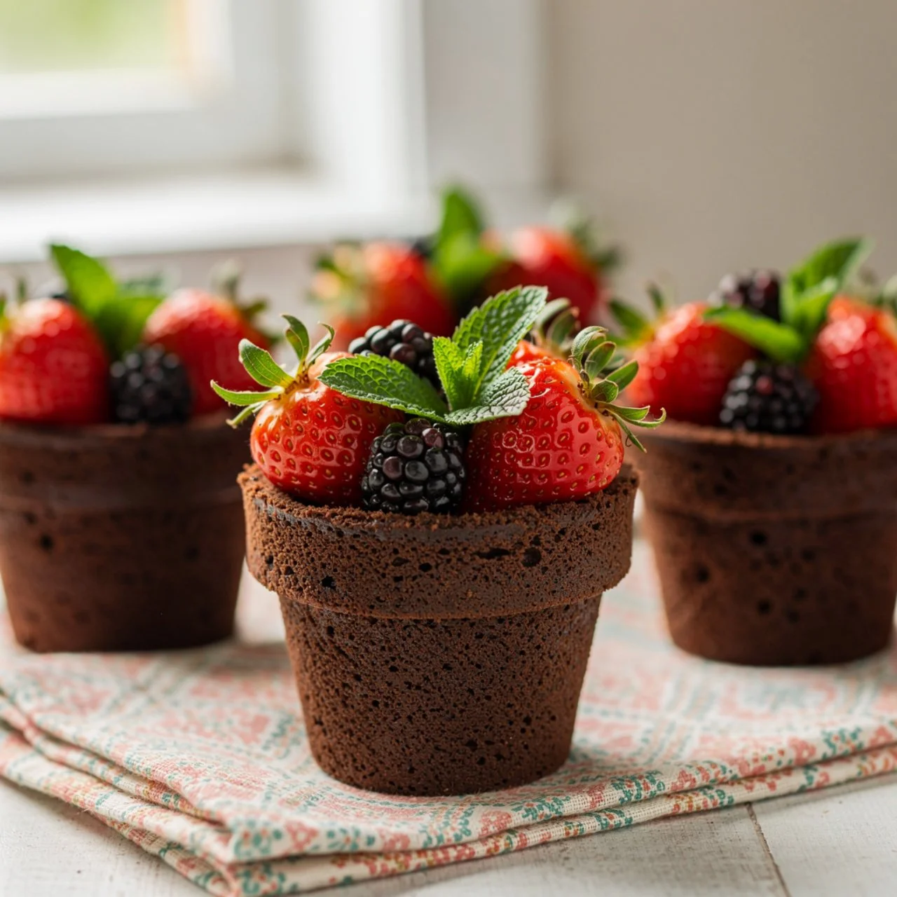Delightful flower pot cakes decorated with edible flowers and chocolate soil.