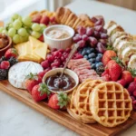 Delicious brunch charcuterie board with fruits, cheeses, and meats