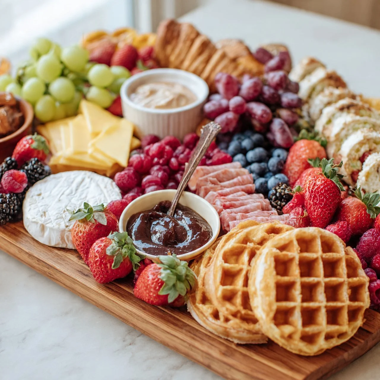 Delicious brunch charcuterie board with fruits, cheeses, and meats