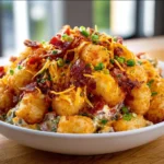 Crispy loaded baked potato salad in a glass bowl with toppings
