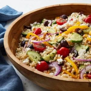 A vibrant bowl of Easy Greek Couscous Salad with vegetables and feta