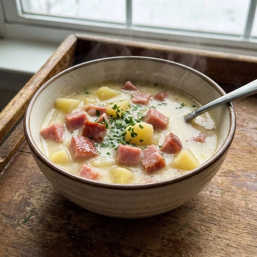 Bowl of Easy Ham and Potato Soup with fresh herbs and crusty bread