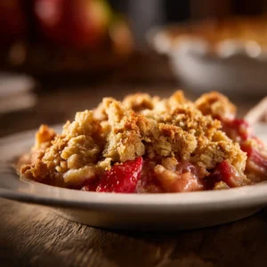 Delicious easy strawberry rhubarb crisp served in a bowl
