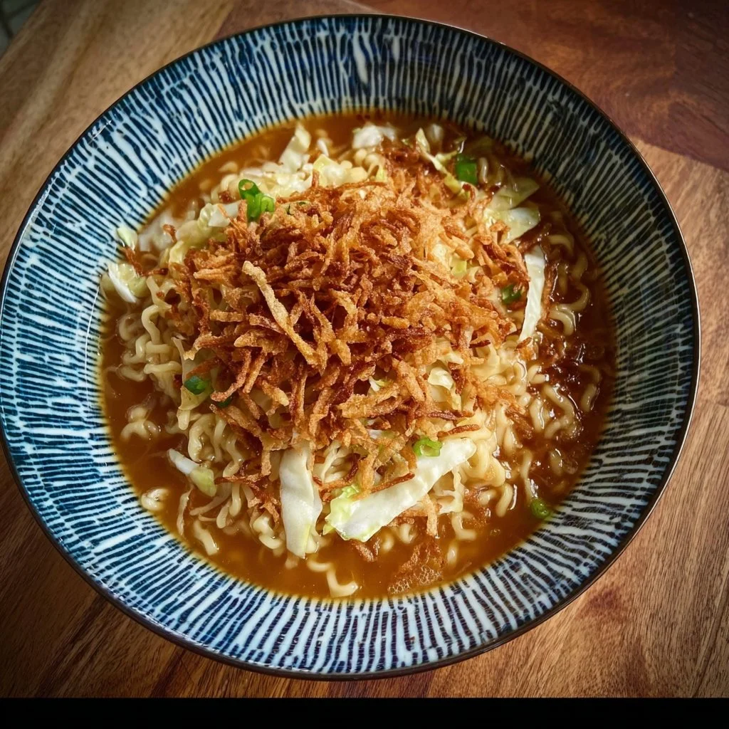 Bowl of French Onion Ramen garnished with crispy shallots