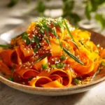 Carrot ribbon salad with sesame ginger dressing in a bowl.