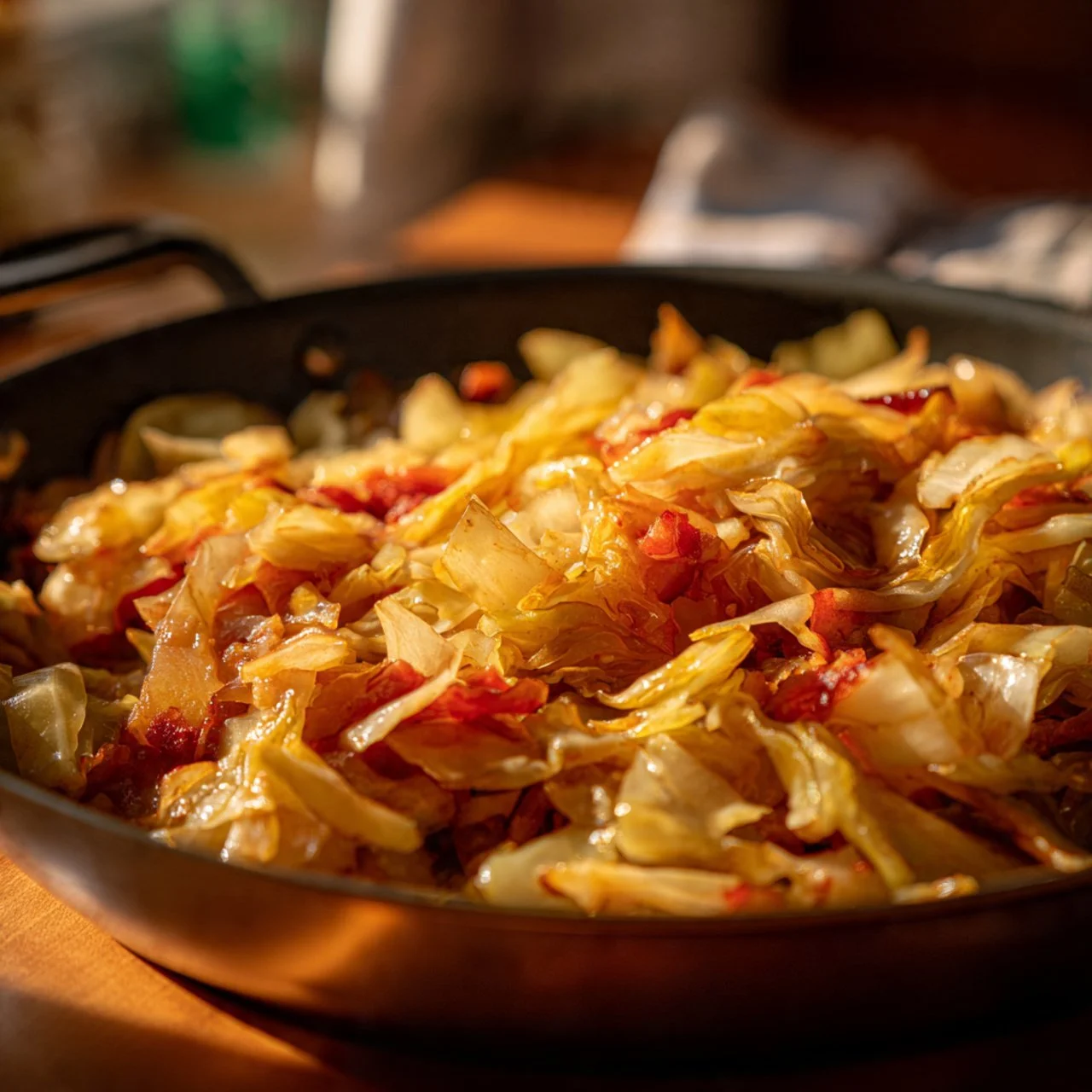 Delicious plate of fried cabbage garnished with herbs and spices.