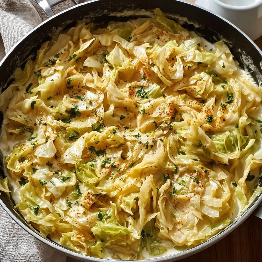 Creamy Garlic Alfredo pasta dish with tender cabbage garnished with herbs